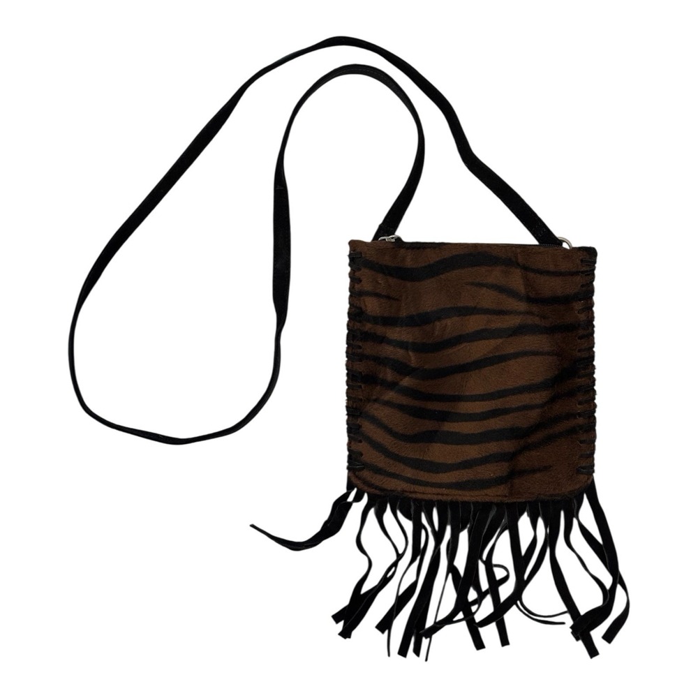 Fossil Crossbody Purse Black Suede Animal Print Fringe Inside Zipper‎ Pocket